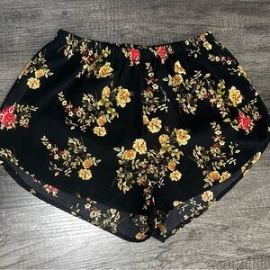 Ambiance Black Floral Elastic-Waist Athletic Shorts with Yellow and Red Blooms